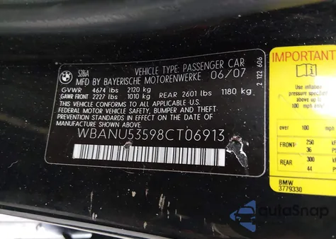 2008 BMW 528I z USA, uszkodzony, nr VIN WBANU53598CT06913